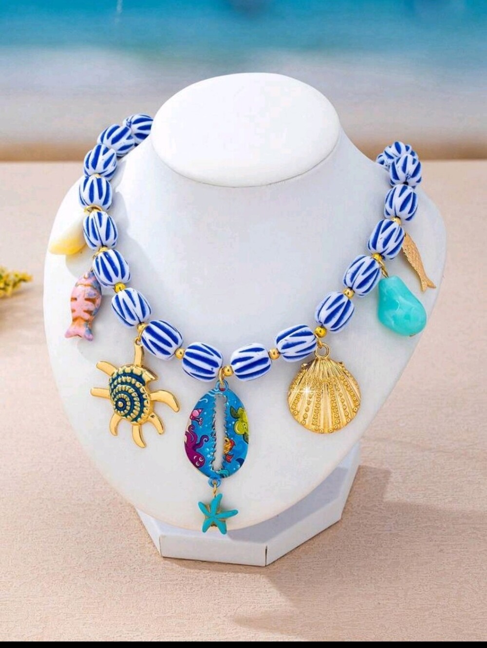 BRAND NEW ** Blue Striped Beaded Beach Charm Necklace